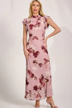 High Neck Ruffle Sleeve Chiffon Maxi Dress, Pink Floral