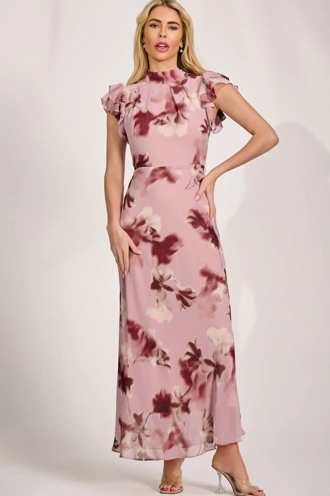 High Neck Ruffle Sleeve Chiffon Maxi Dress, Pink Floral