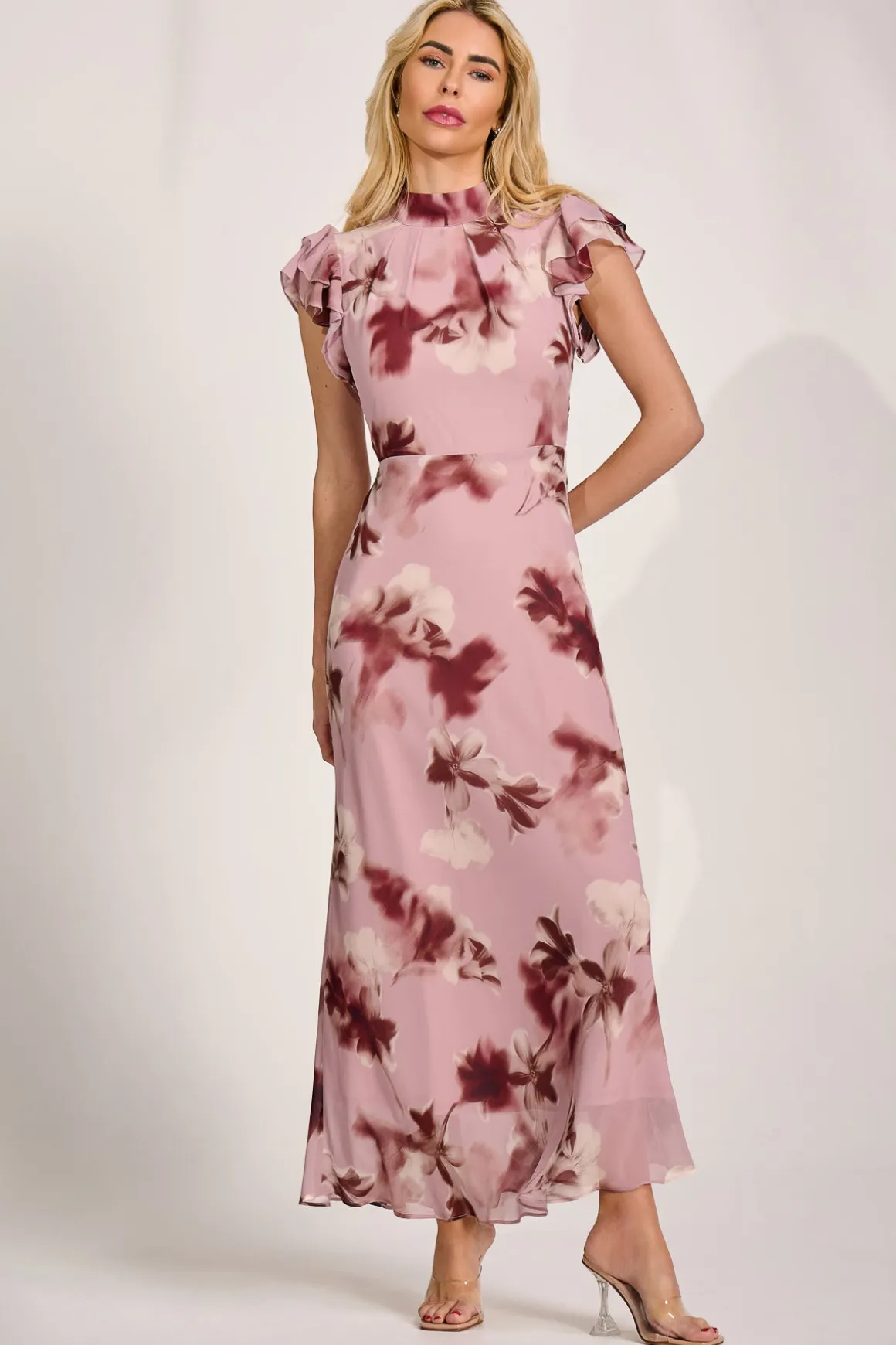 High Neck Ruffle Sleeve Chiffon Maxi Dress, Pink Floral