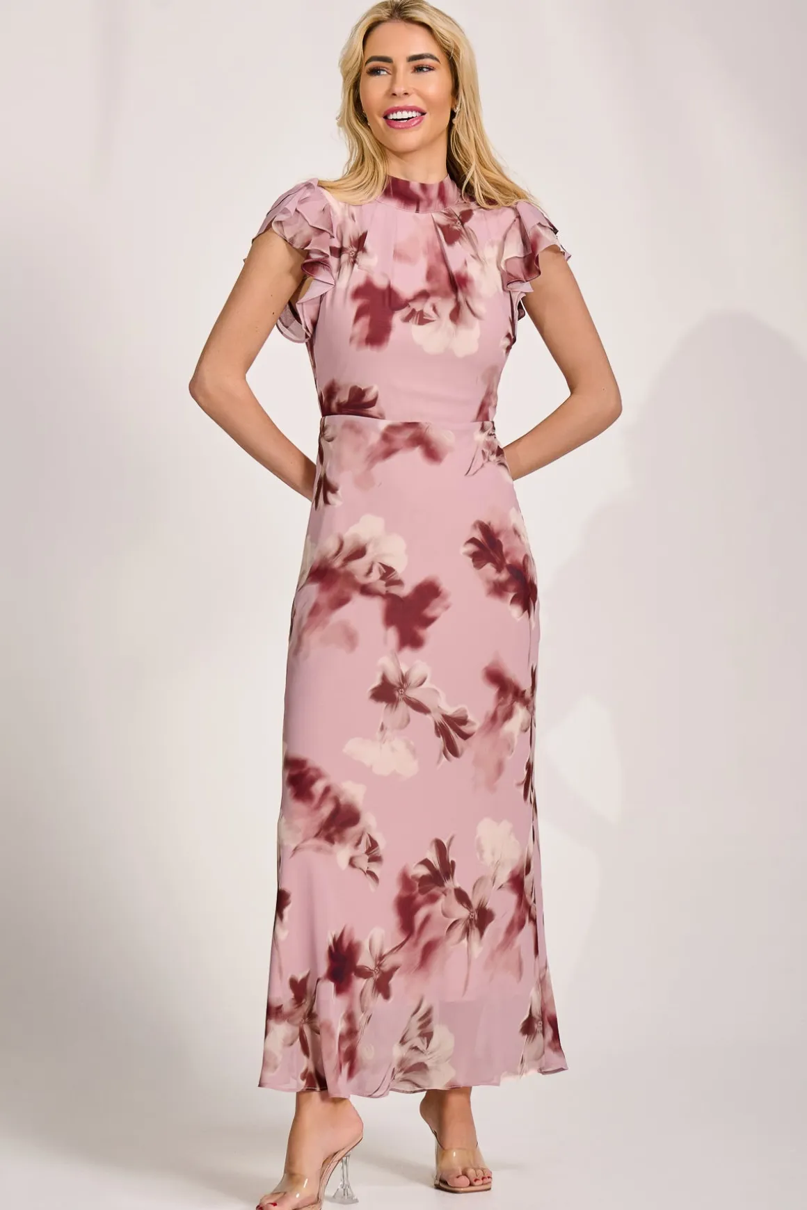 High Neck Ruffle Sleeve Chiffon Maxi Dress, Pink Floral