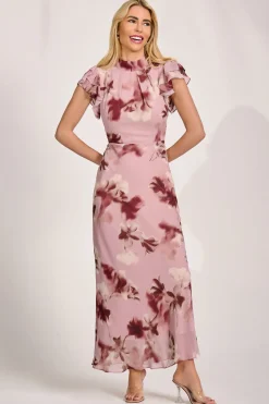 High Neck Ruffle Sleeve Chiffon Maxi Dress, Pink Floral