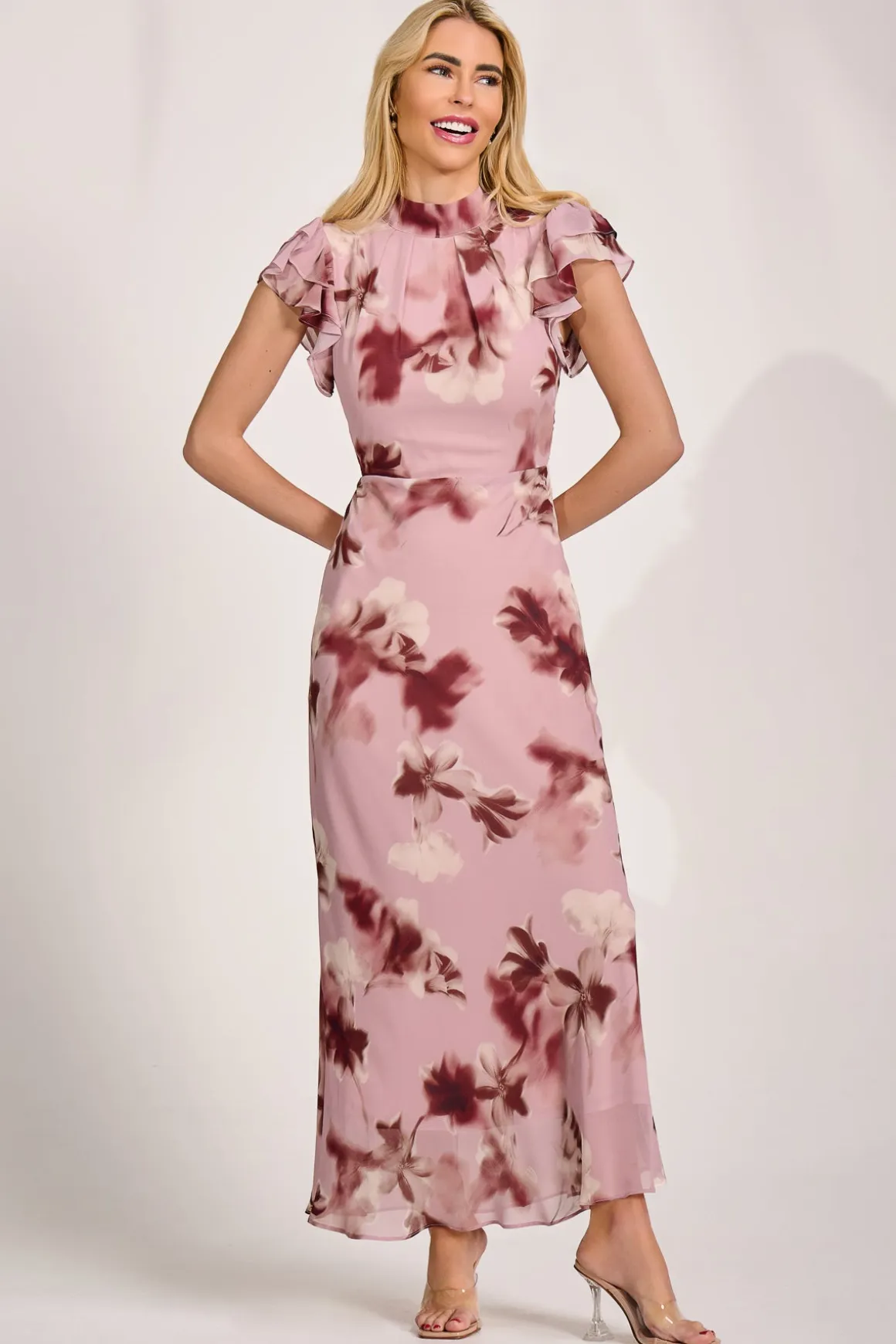 High Neck Ruffle Sleeve Chiffon Maxi Dress, Pink Floral