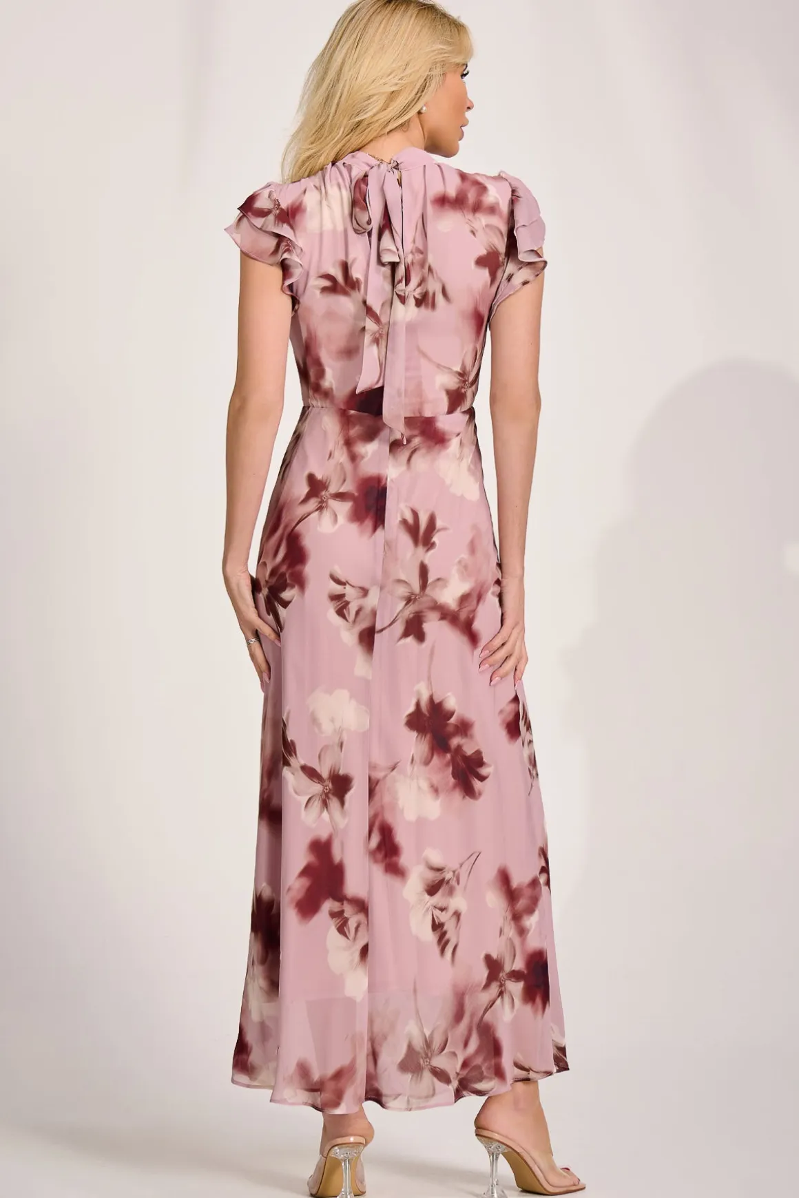 High Neck Ruffle Sleeve Chiffon Maxi Dress, Pink Floral