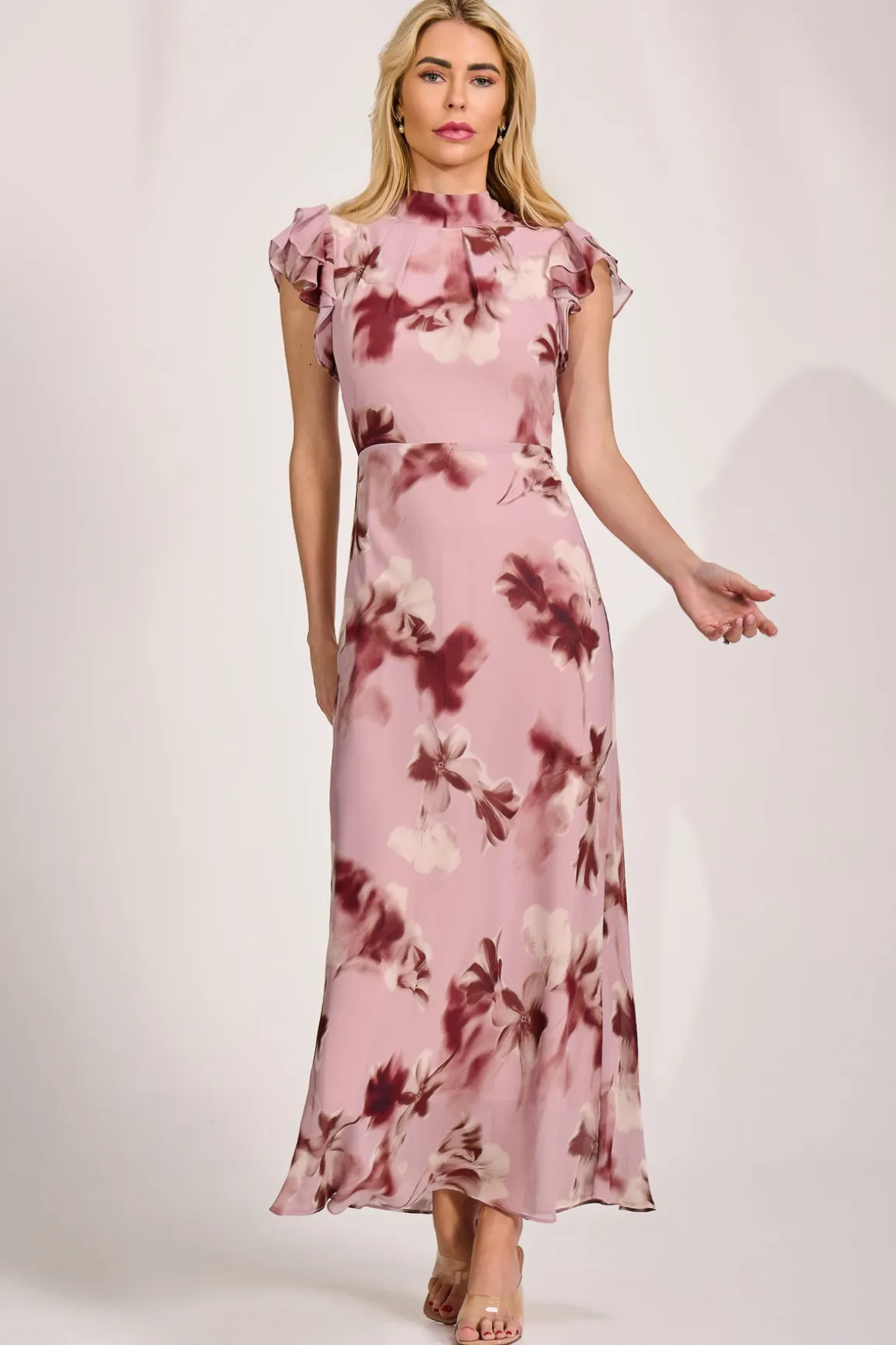 High Neck Ruffle Sleeve Chiffon Maxi Dress, Pink Floral