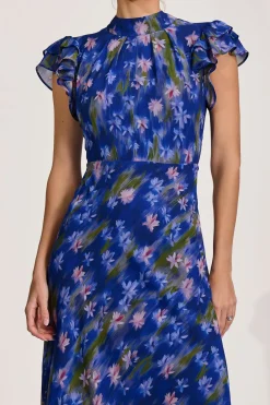 High Neck Ruffle Sleeve Chiffon Maxi Dress, Royal Floral