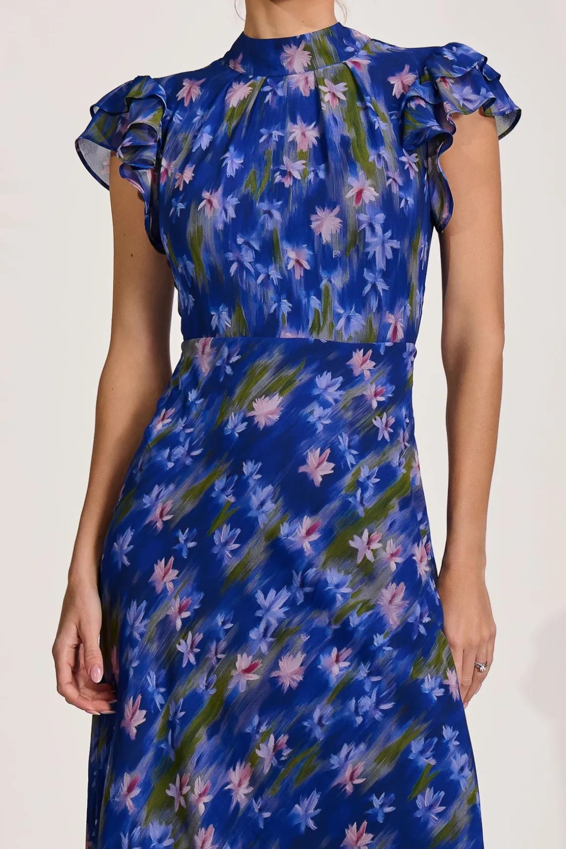 High Neck Ruffle Sleeve Chiffon Maxi Dress, Royal Floral
