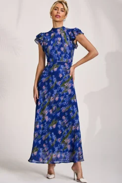 High Neck Ruffle Sleeve Chiffon Maxi Dress, Royal Floral