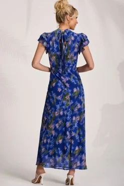 High Neck Ruffle Sleeve Chiffon Maxi Dress, Royal Floral