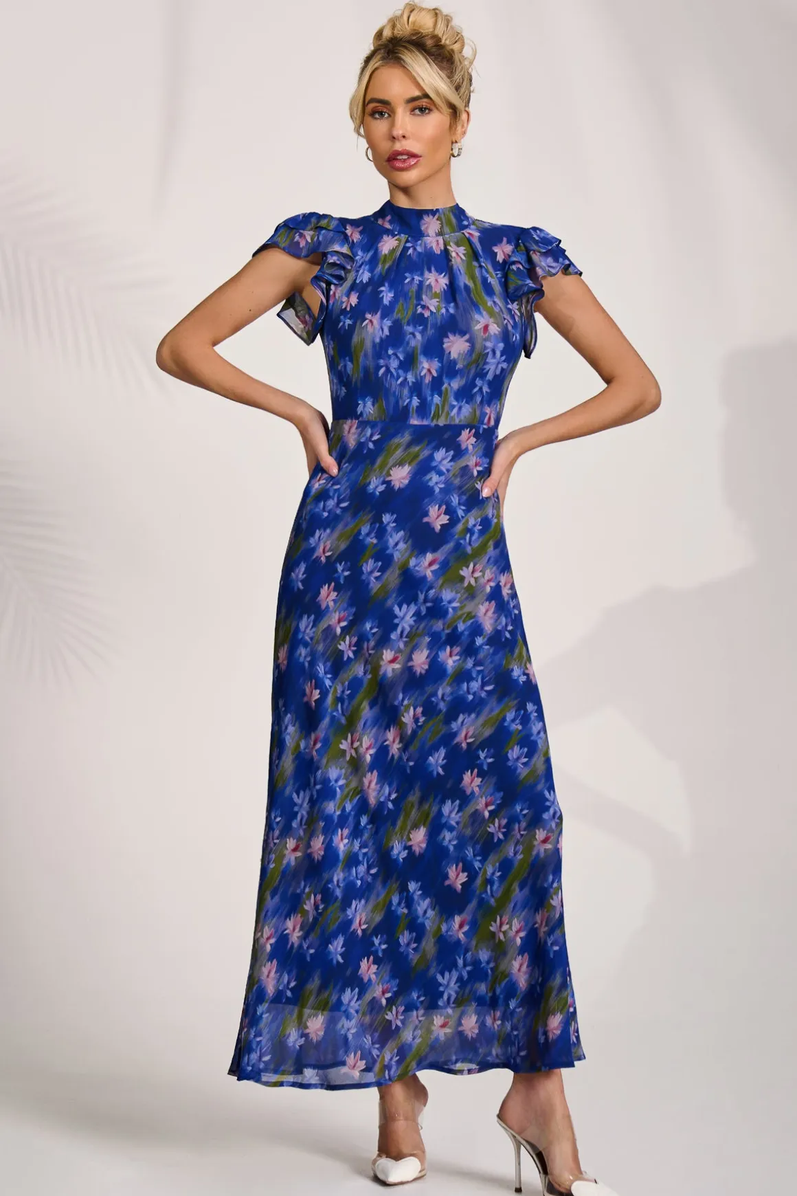 High Neck Ruffle Sleeve Chiffon Maxi Dress, Royal Floral