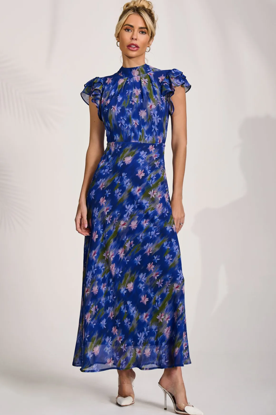 High Neck Ruffle Sleeve Chiffon Maxi Dress, Royal Floral
