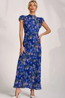 High Neck Ruffle Sleeve Chiffon Maxi Dress, Royal Floral