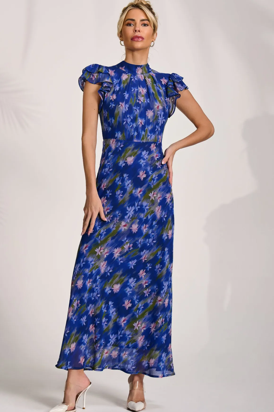 High Neck Ruffle Sleeve Chiffon Maxi Dress, Royal Floral