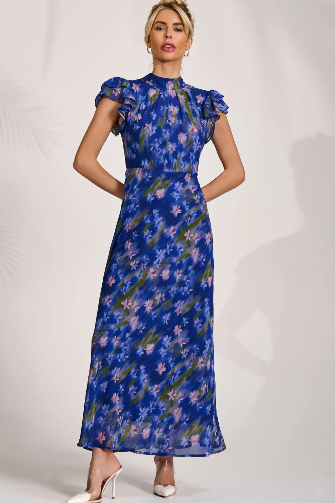 High Neck Ruffle Sleeve Chiffon Maxi Dress, Royal Floral