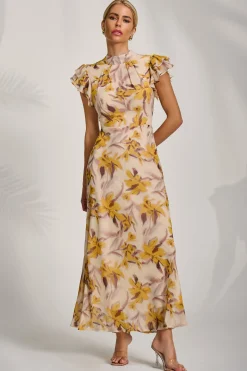 High Neck Ruffle Sleeve Chiffon Maxi Dress, Yellow Floral
