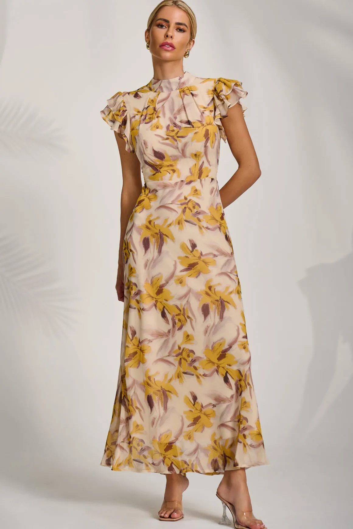High Neck Ruffle Sleeve Chiffon Maxi Dress, Yellow Floral
