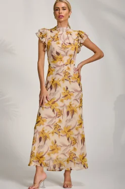 High Neck Ruffle Sleeve Chiffon Maxi Dress, Yellow Floral