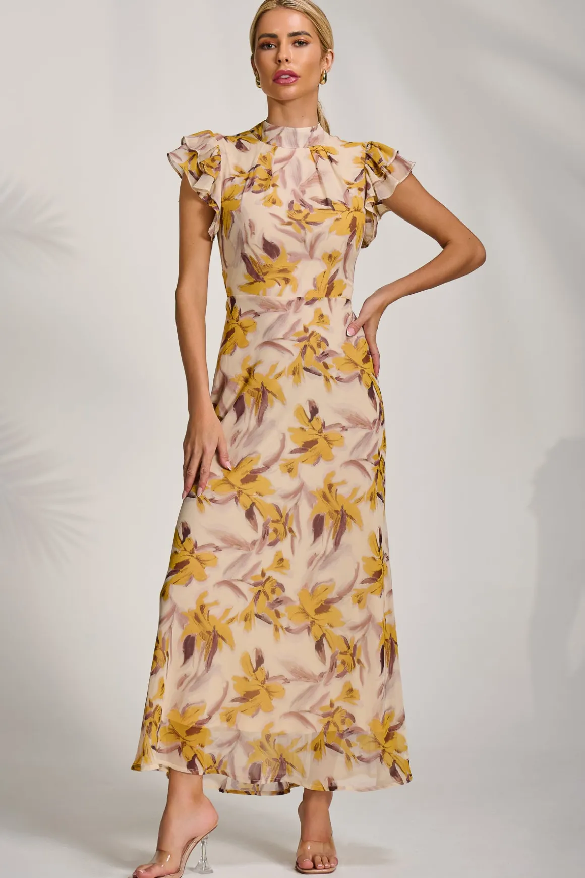 High Neck Ruffle Sleeve Chiffon Maxi Dress, Yellow Floral