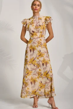 High Neck Ruffle Sleeve Chiffon Maxi Dress, Yellow Floral