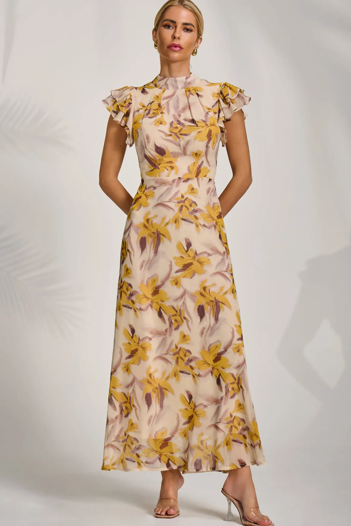 High Neck Ruffle Sleeve Chiffon Maxi Dress, Yellow Floral