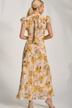 High Neck Ruffle Sleeve Chiffon Maxi Dress, Yellow Floral