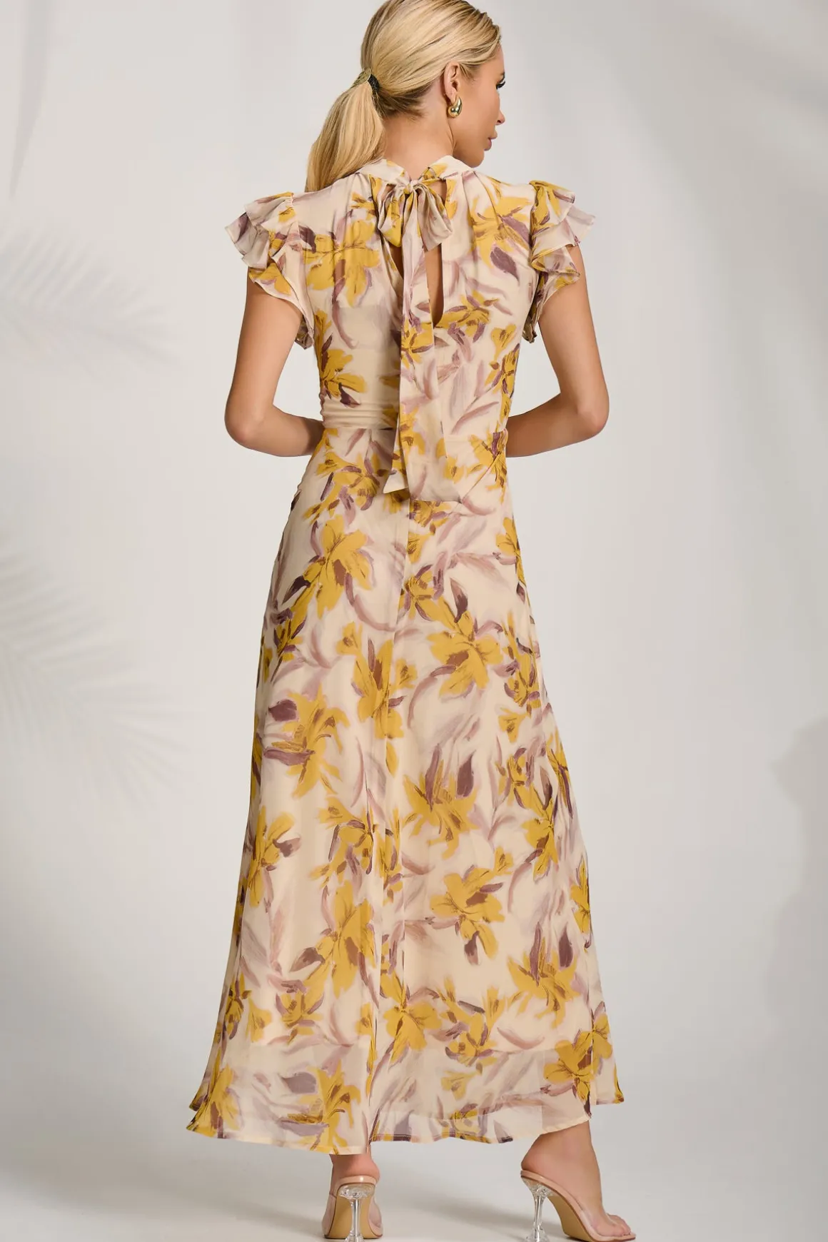 High Neck Ruffle Sleeve Chiffon Maxi Dress, Yellow Floral