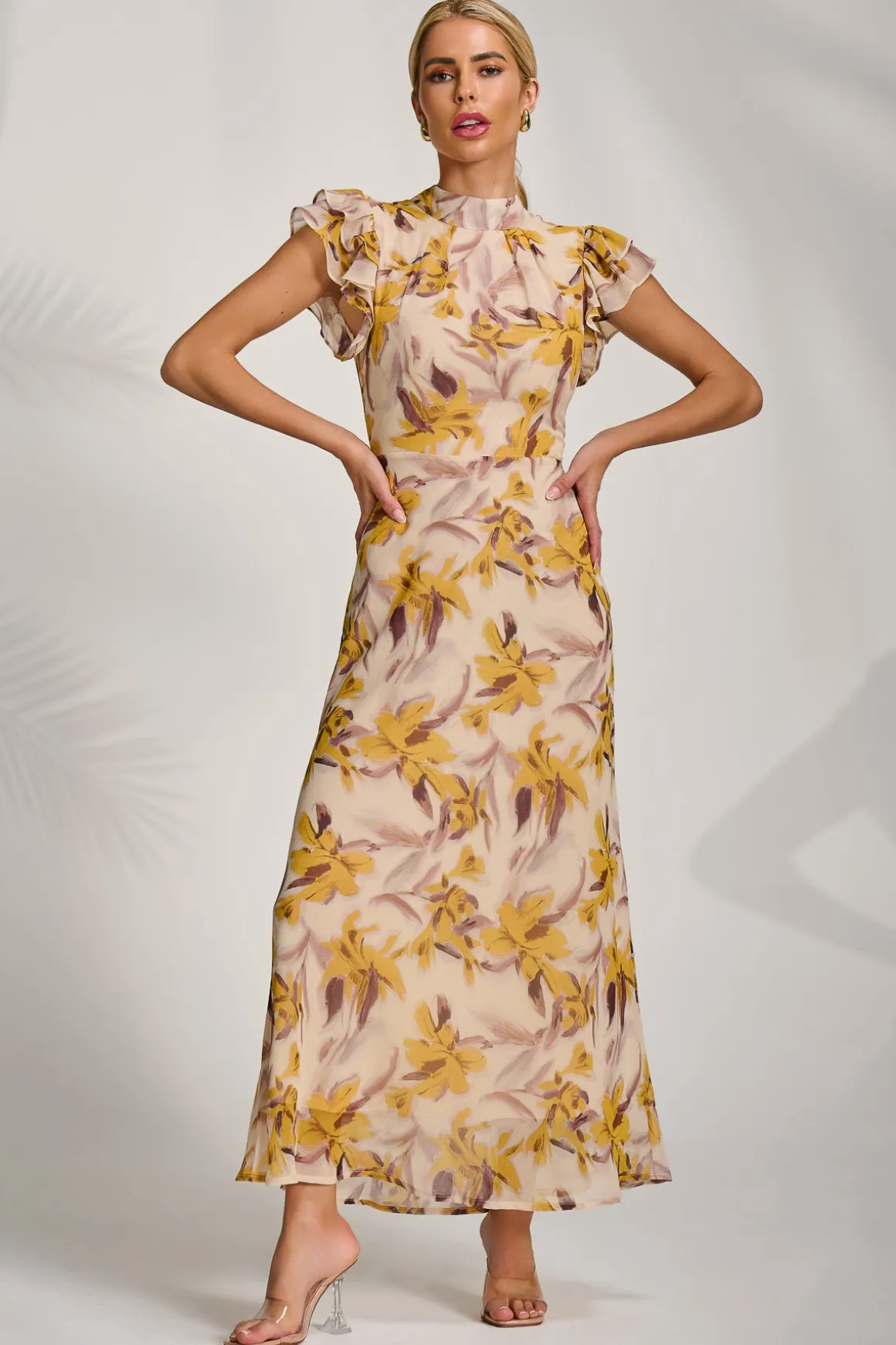 High Neck Ruffle Sleeve Chiffon Maxi Dress, Yellow Floral