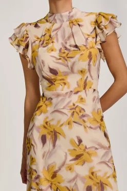 High Neck Ruffle Sleeve Chiffon Maxi Dress, Yellow Floral