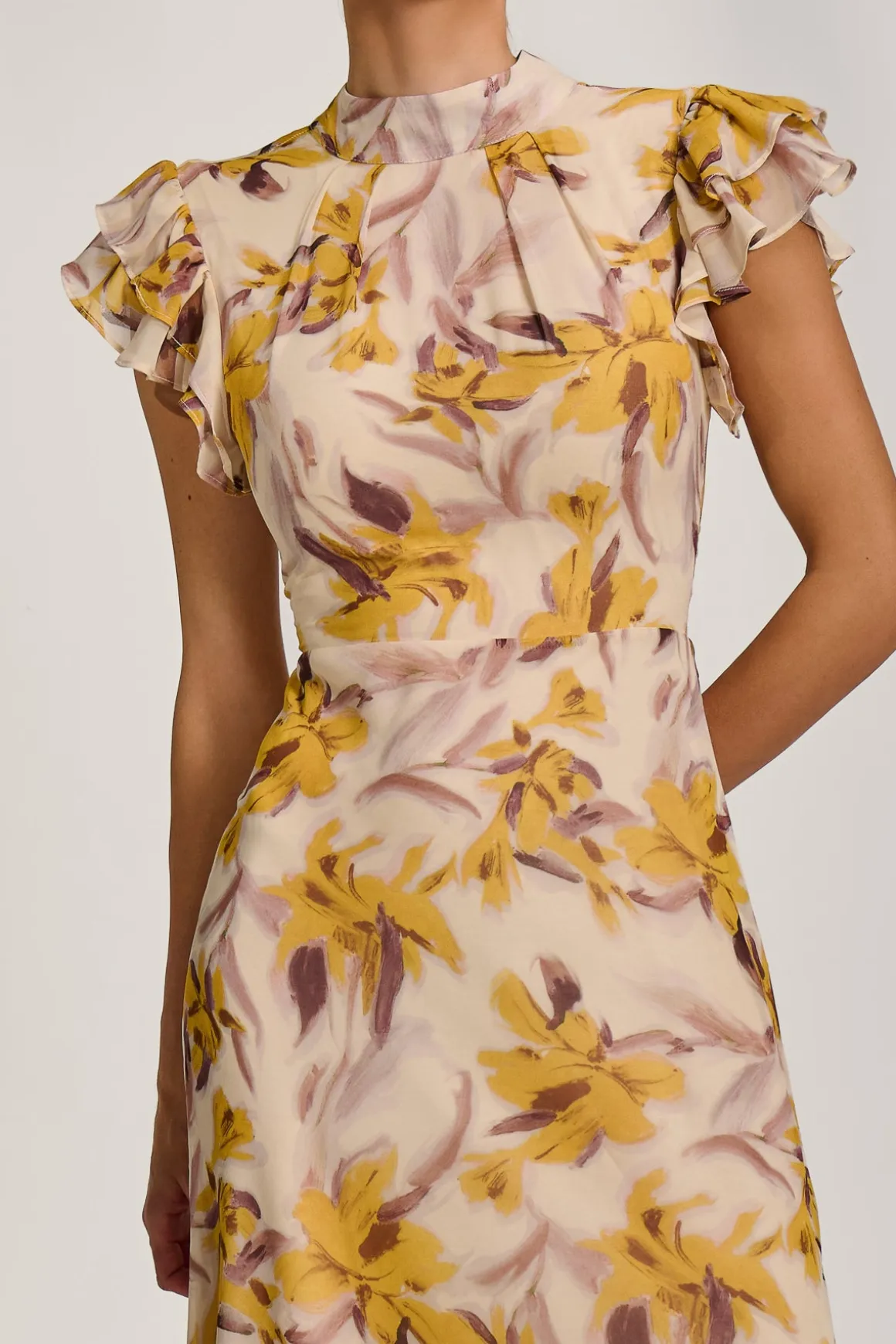 High Neck Ruffle Sleeve Chiffon Maxi Dress, Yellow Floral