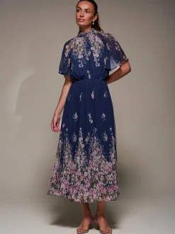 High Neck Short Sleeve Pleated Chiffon Dress, Navy Floral