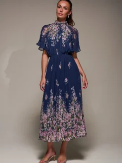 High Neck Short Sleeve Pleated Chiffon Dress, Navy Floral