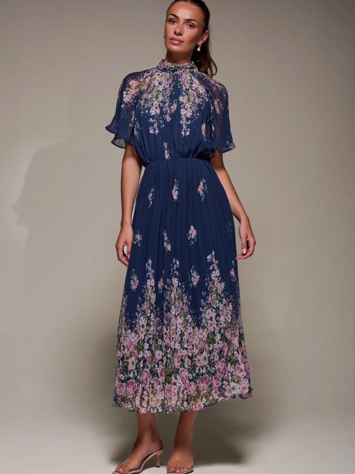 High Neck Short Sleeve Pleated Chiffon Dress, Navy Floral