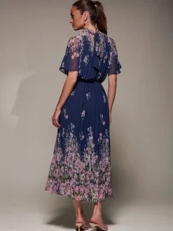 High Neck Short Sleeve Pleated Chiffon Dress, Navy Floral