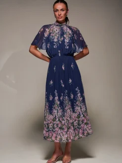High Neck Short Sleeve Pleated Chiffon Dress, Navy Floral