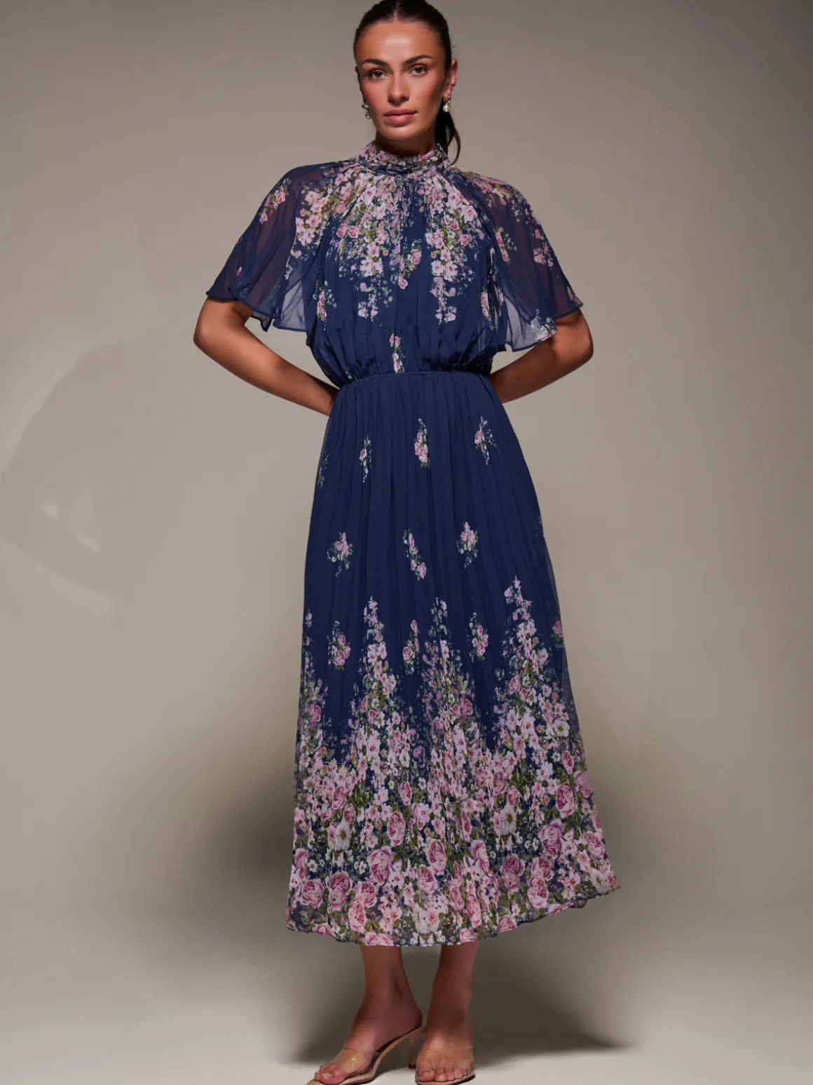 High Neck Short Sleeve Pleated Chiffon Dress, Navy Floral