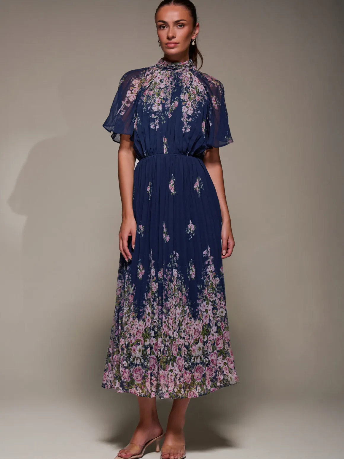 High Neck Short Sleeve Pleated Chiffon Dress, Navy Floral