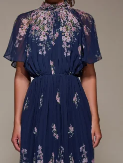 High Neck Short Sleeve Pleated Chiffon Dress, Navy Floral