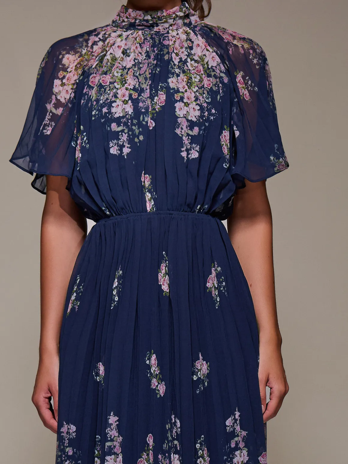 High Neck Short Sleeve Pleated Chiffon Dress, Navy Floral