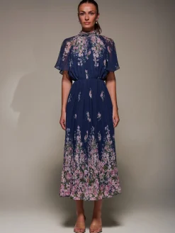 High Neck Short Sleeve Pleated Chiffon Dress, Navy Floral