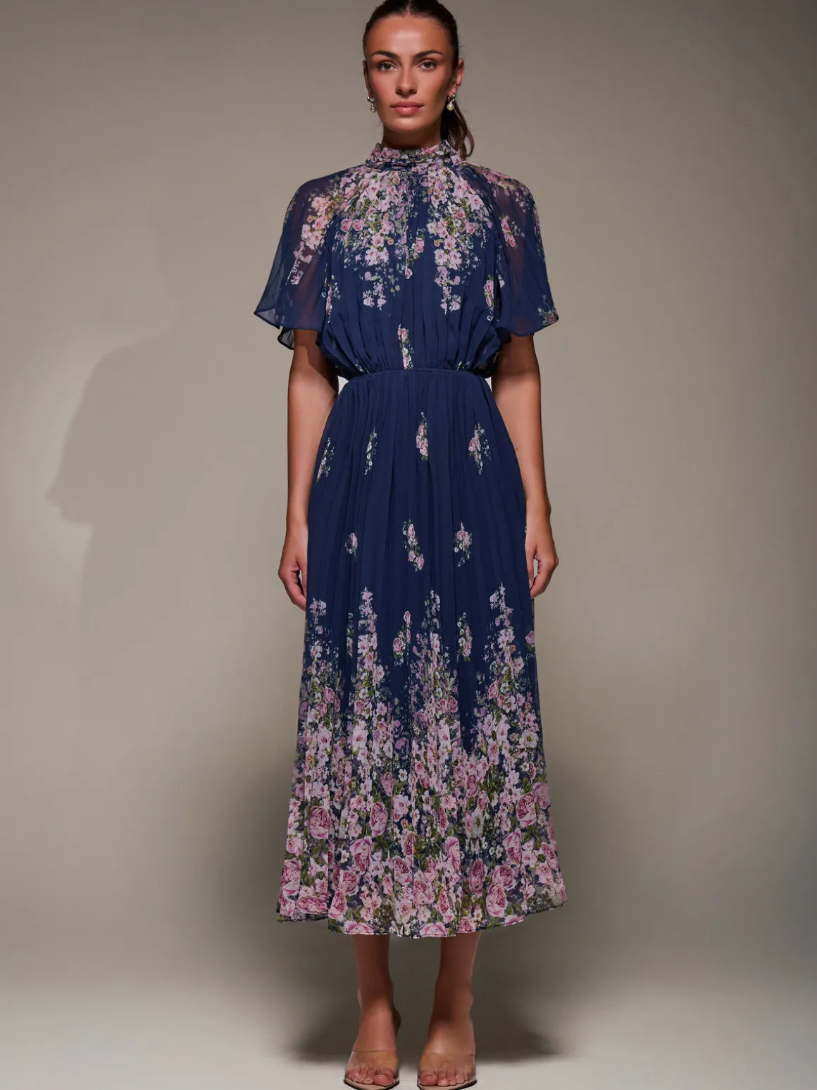 High Neck Short Sleeve Pleated Chiffon Dress, Navy Floral