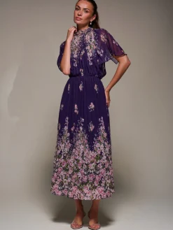 High Neck Short Sleeve Pleated Chiffon Dress, Purple Floral