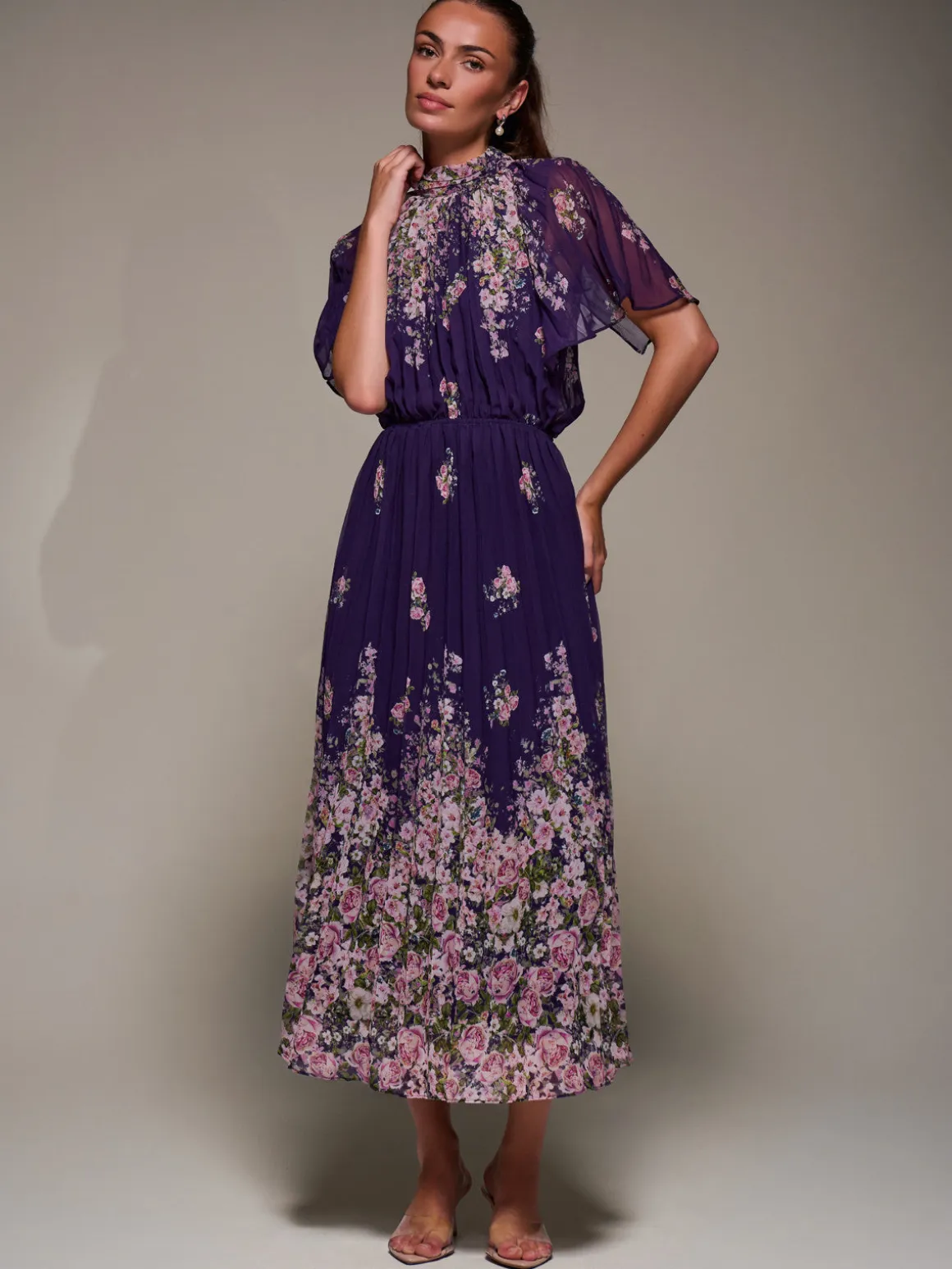 High Neck Short Sleeve Pleated Chiffon Dress, Purple Floral