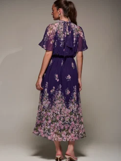 High Neck Short Sleeve Pleated Chiffon Dress, Purple Floral