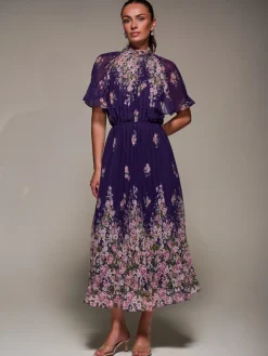 High Neck Short Sleeve Pleated Chiffon Dress, Purple Floral