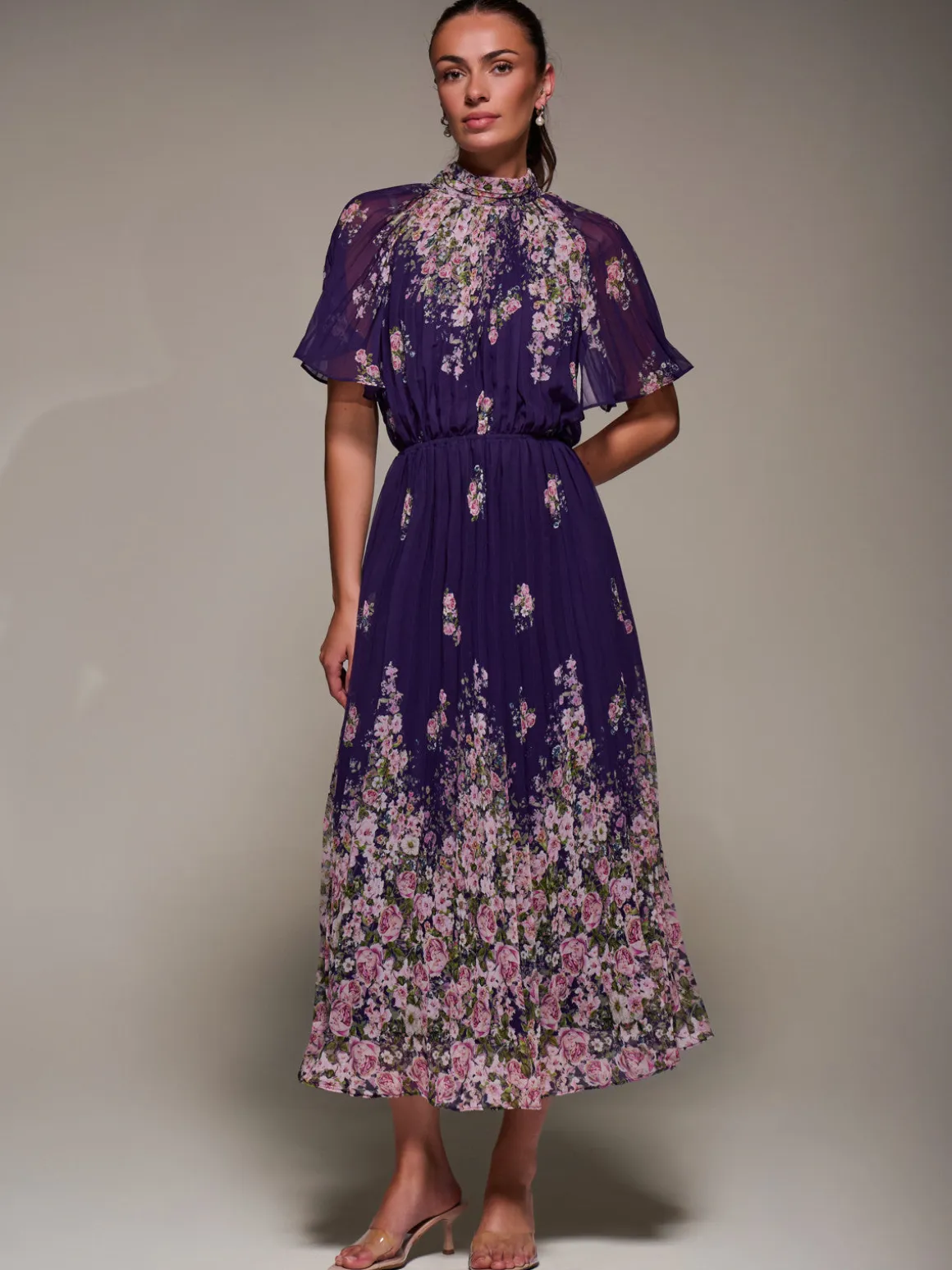 High Neck Short Sleeve Pleated Chiffon Dress, Purple Floral