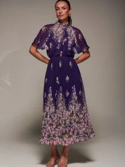High Neck Short Sleeve Pleated Chiffon Dress, Purple Floral
