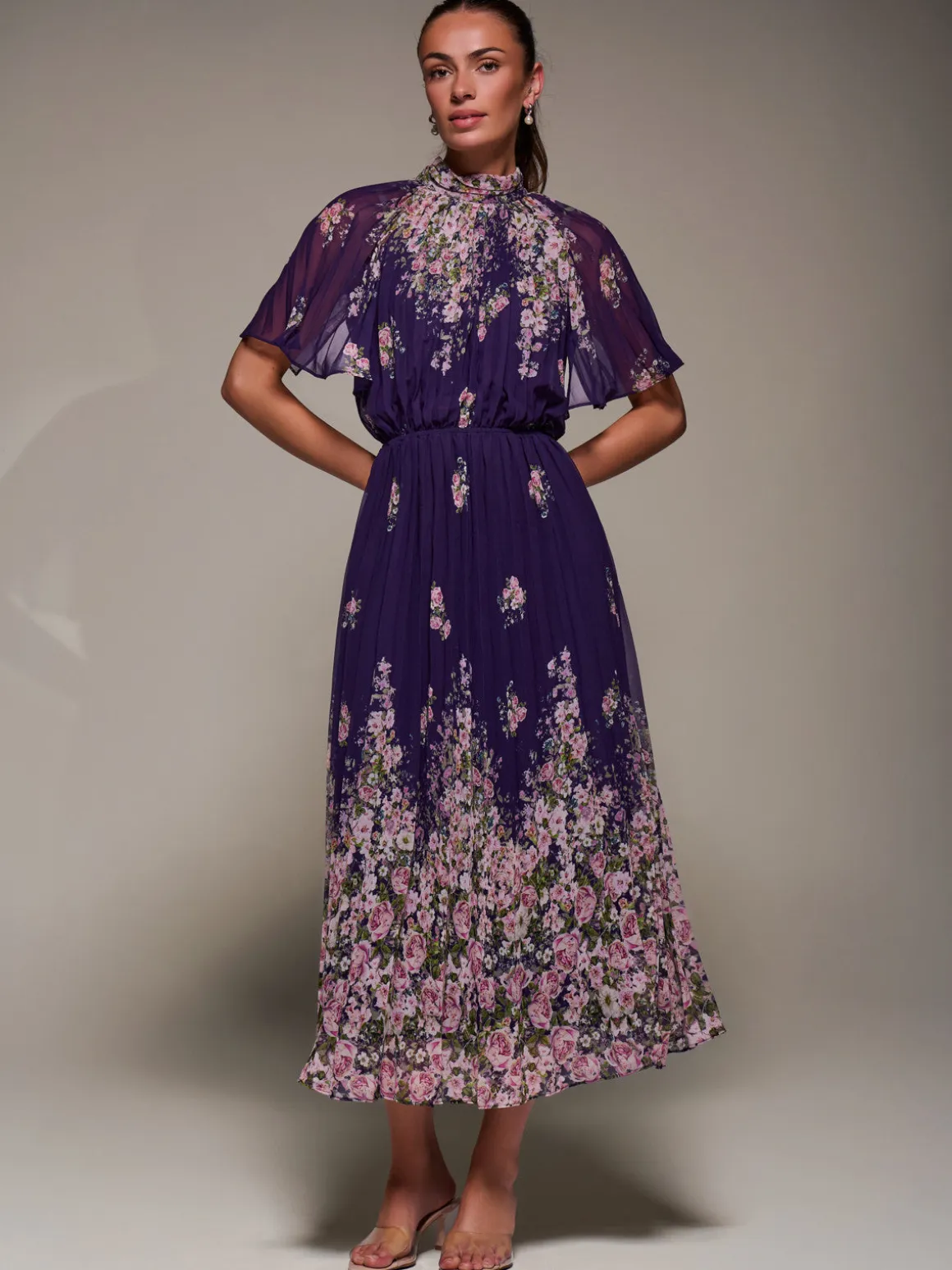 High Neck Short Sleeve Pleated Chiffon Dress, Purple Floral