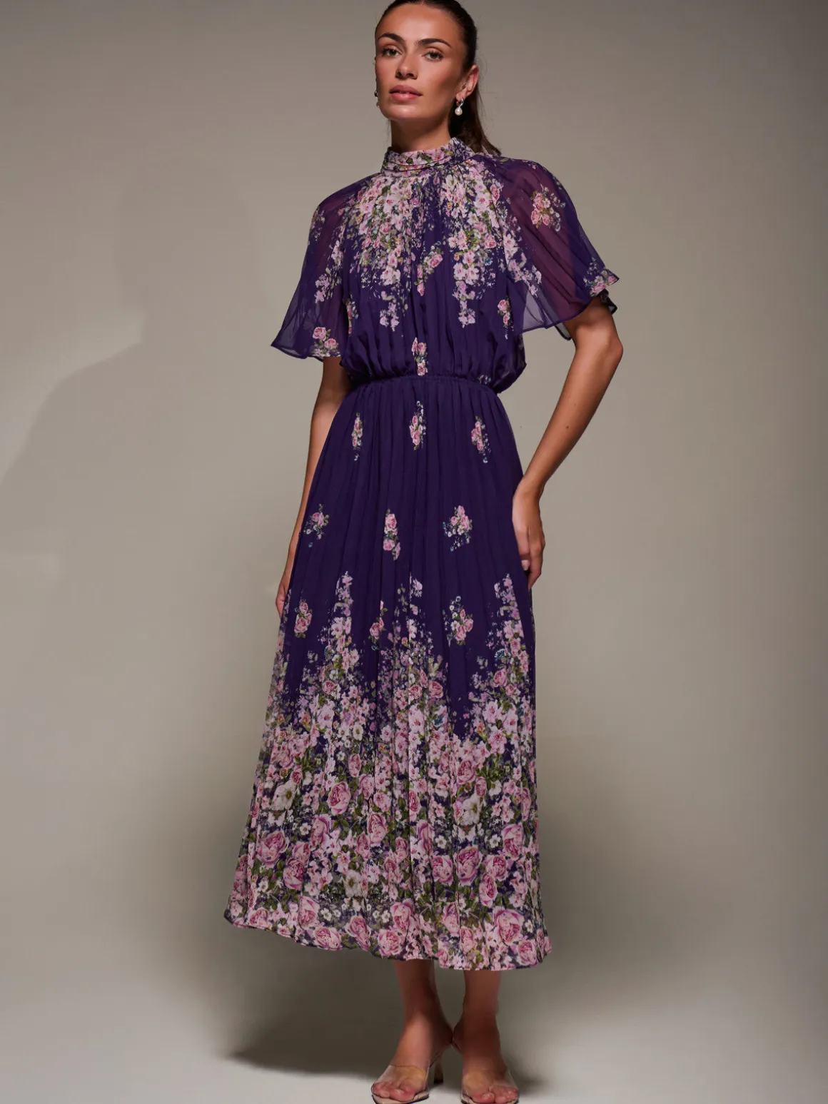 High Neck Short Sleeve Pleated Chiffon Dress, Purple Floral