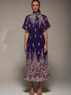 High Neck Short Sleeve Pleated Chiffon Dress, Purple Floral