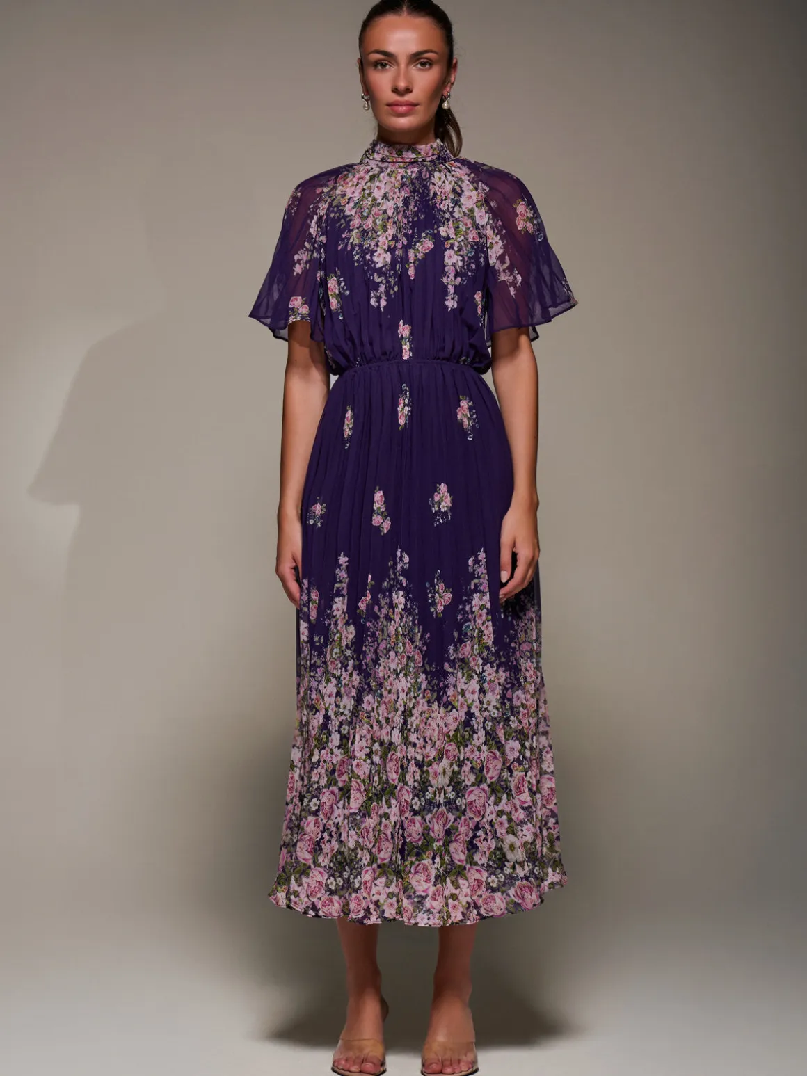 High Neck Short Sleeve Pleated Chiffon Dress, Purple Floral