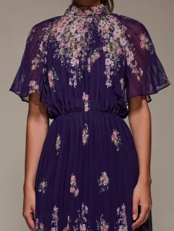 High Neck Short Sleeve Pleated Chiffon Dress, Purple Floral
